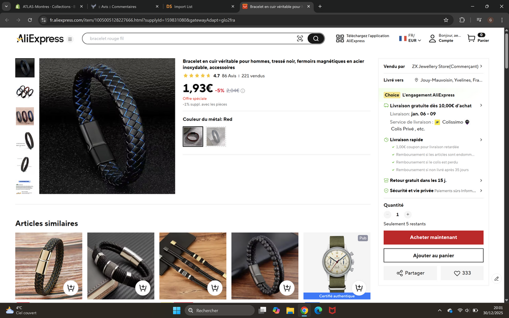 Bracelet Homme Cuir Véritable Tressé Noir - Fermoirs Magnétiques Acier Inoxydable Bangle