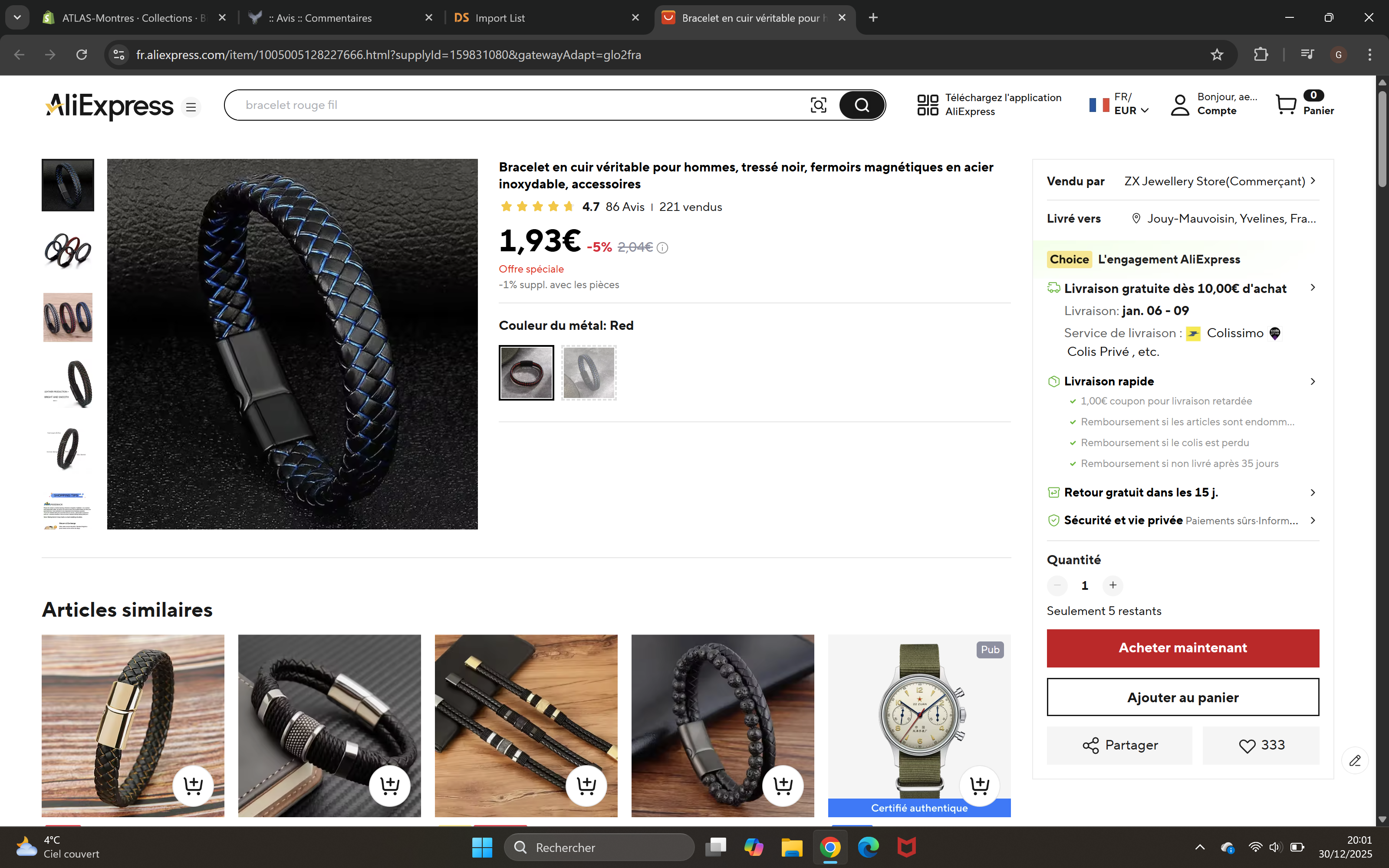 Bracelet Homme Cuir Véritable Tressé Noir - Fermoirs Magnétiques Acier Inoxydable Bangle