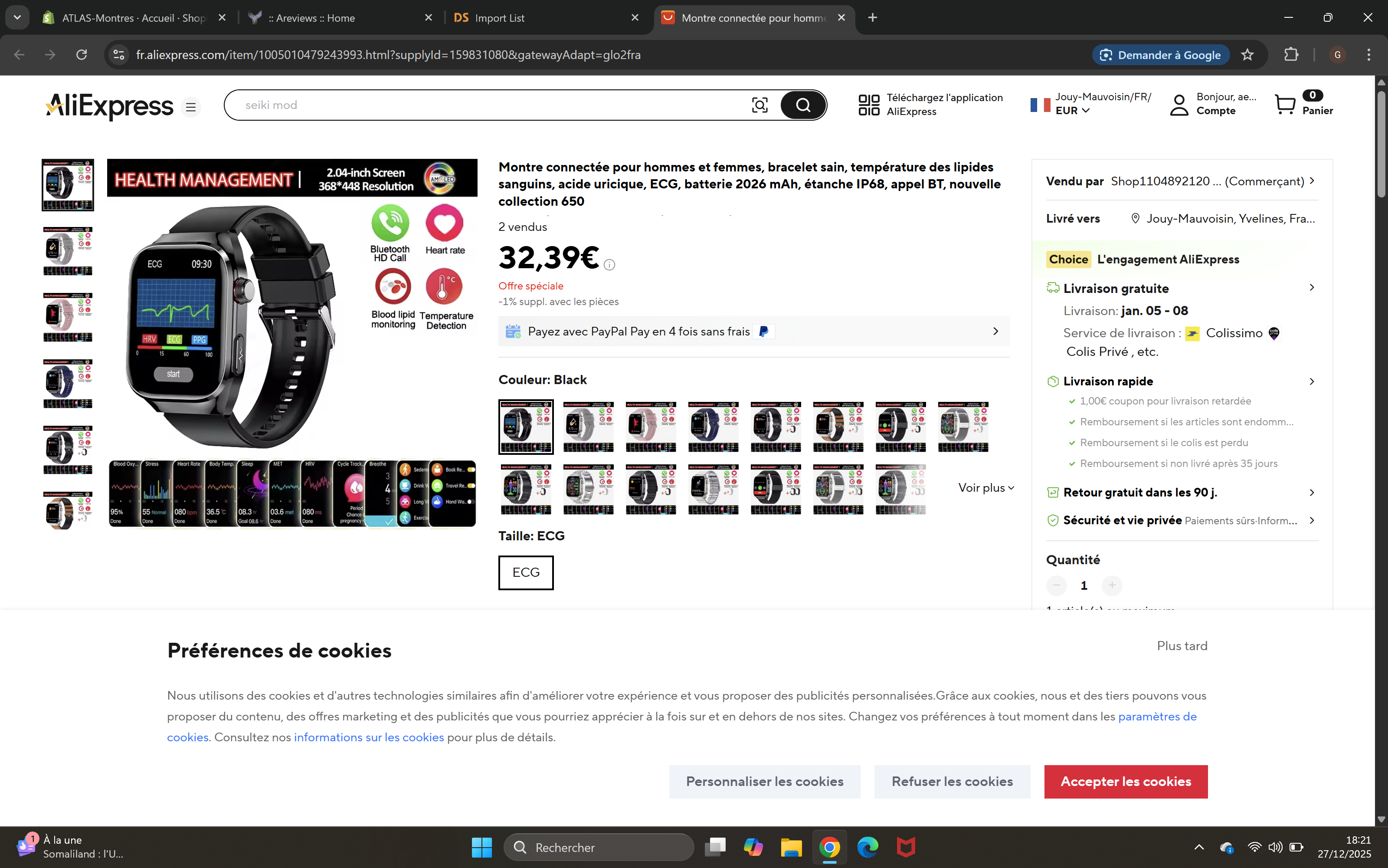 Montre Connectée Santé 2026 ECG - Lipides Sanguins, Acide Urique, Température, IP68, 650mAh, Appels BT