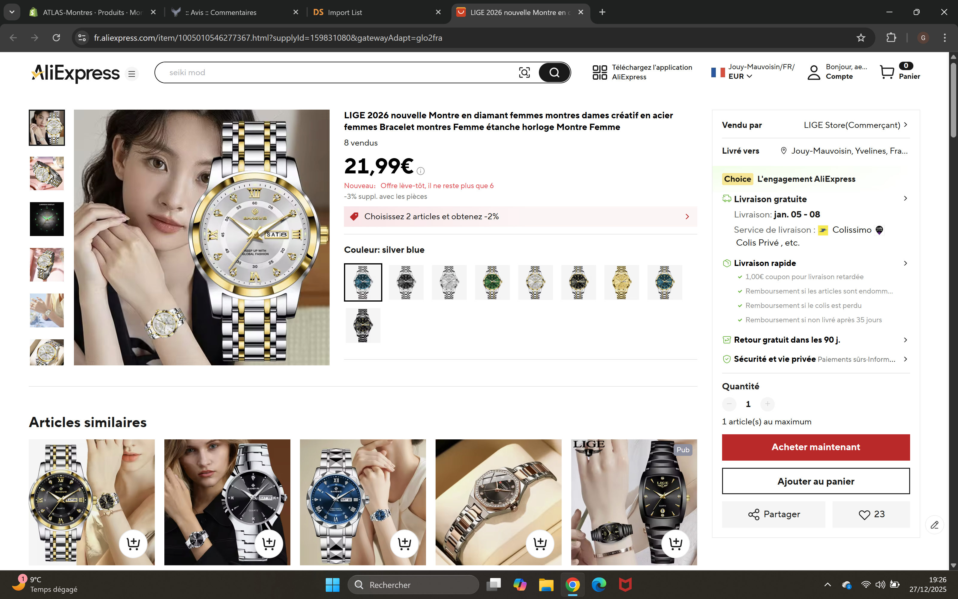 Montre Femme LIGE 2026 Diamant - Acier Inoxydable, Bracelet Créatif, Étanche 3 ATM, Calendrier Lumineux