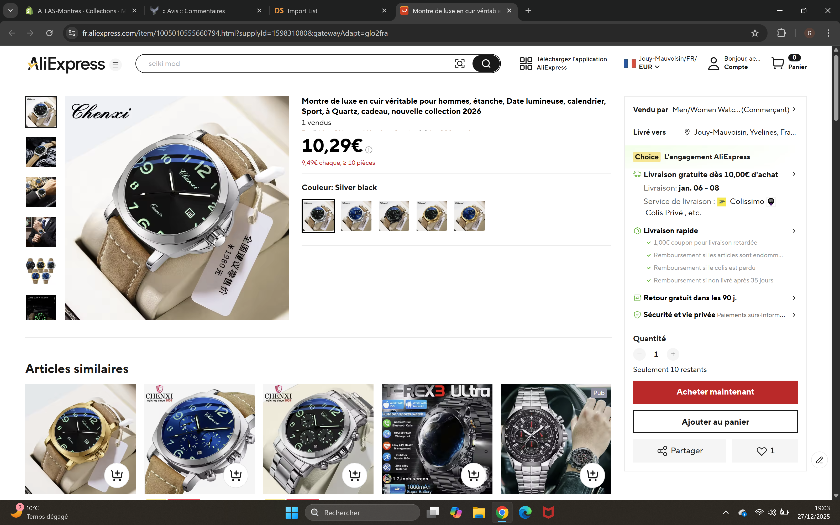 Montre Homme Luxe CHENXI 2026 - Cuir Véritable, Date Lumineuse, Calendrier, Sport Quartz Étanche 3 ATM