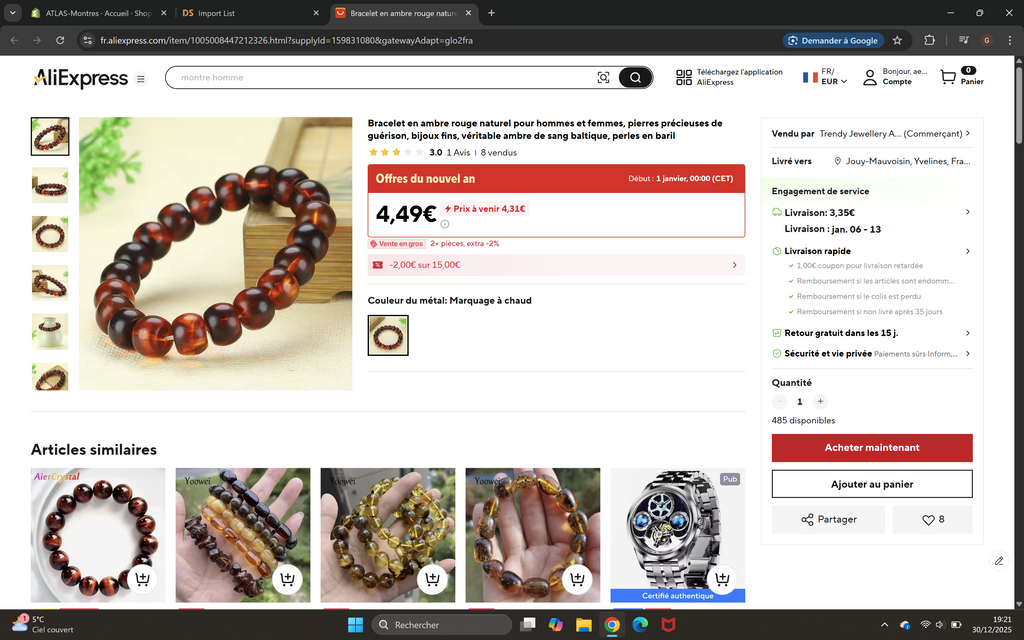 Bracelet Ambre Rouge Naturel Homme Femme - Pierre Guérison Baltique Perles Tonneau Unisexe