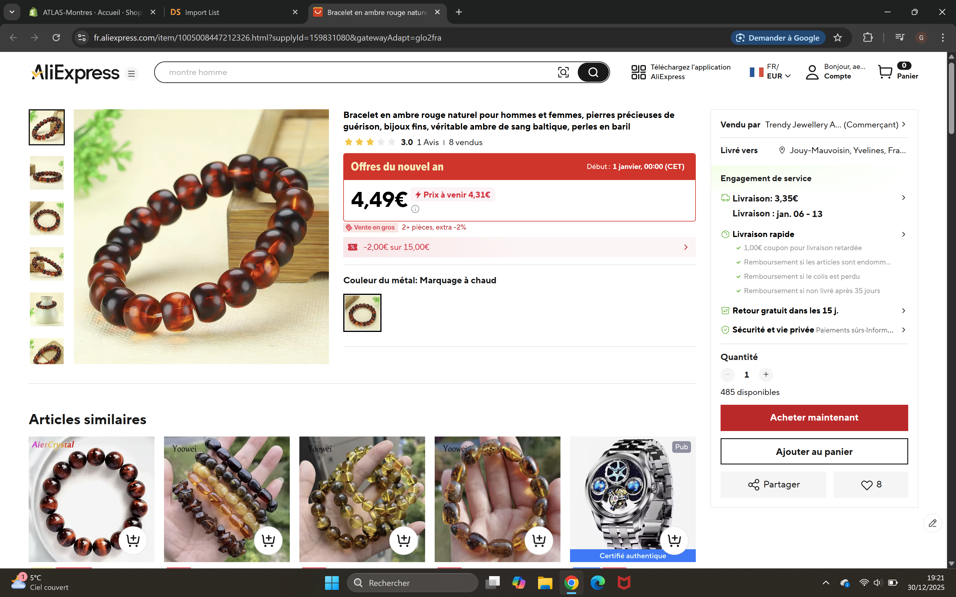 Bracelet Ambre Rouge Naturel Homme Femme - Pierre Guérison Baltique Perles Tonneau Unisexe